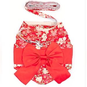 Red Floral Bow Cat/Small Dog Kimono Harness with Matching Leash